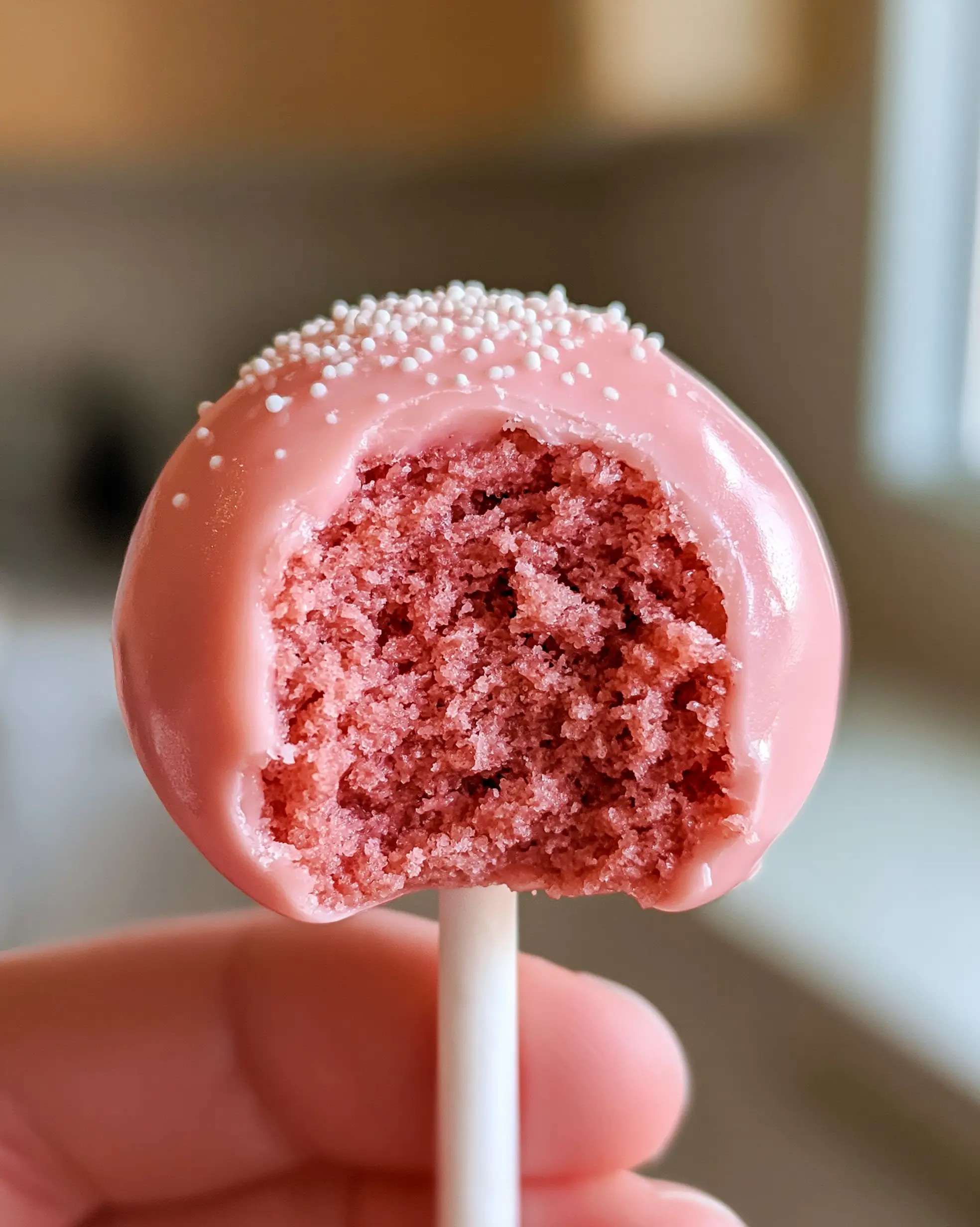 Close-up photo of a handheld pink vanilla cake pop with white nonpareils and a clean white stick. (cake pop recipes)