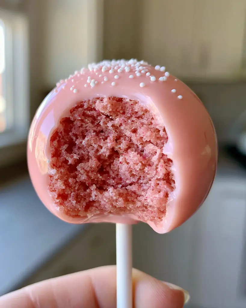 Detailed view of the dense and moist pink cake crumb interior of a cake pop.