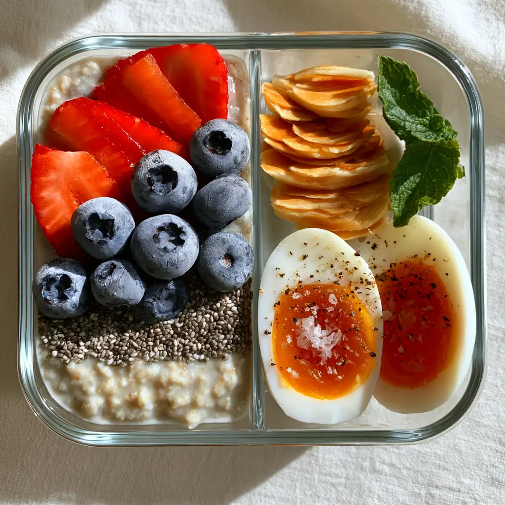 Detailed shot of thick overnight oats topped with vibrant berries and frosted blueberries for healthy meal prep breakfast ideas. (meal prep breakfast ideas)
