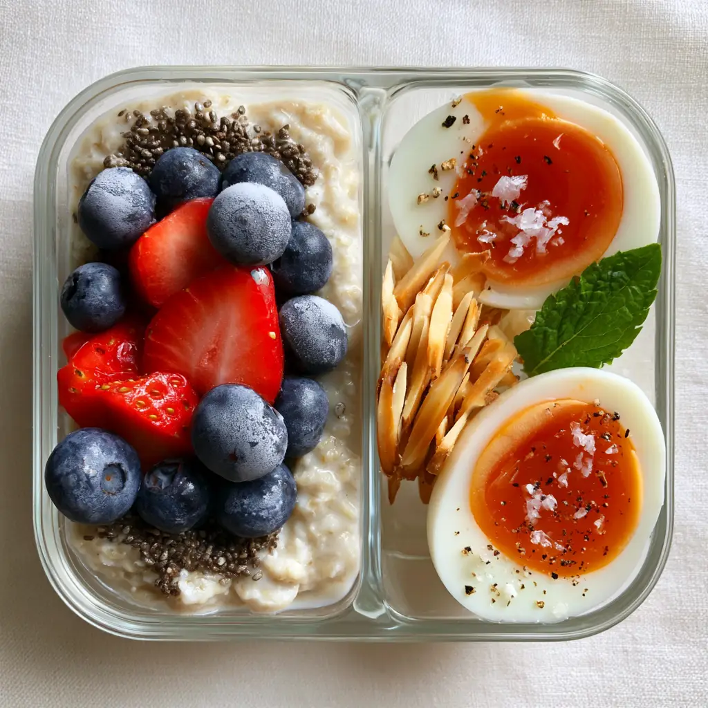 Meal Prep Breakfast Ideas: The Ultimate Jammy Egg and Berry Oat Box 1 Two soft-boiled egg halves with deep orange jammy yolks sprinkled with sea salt and black pepper next to toasted almonds.