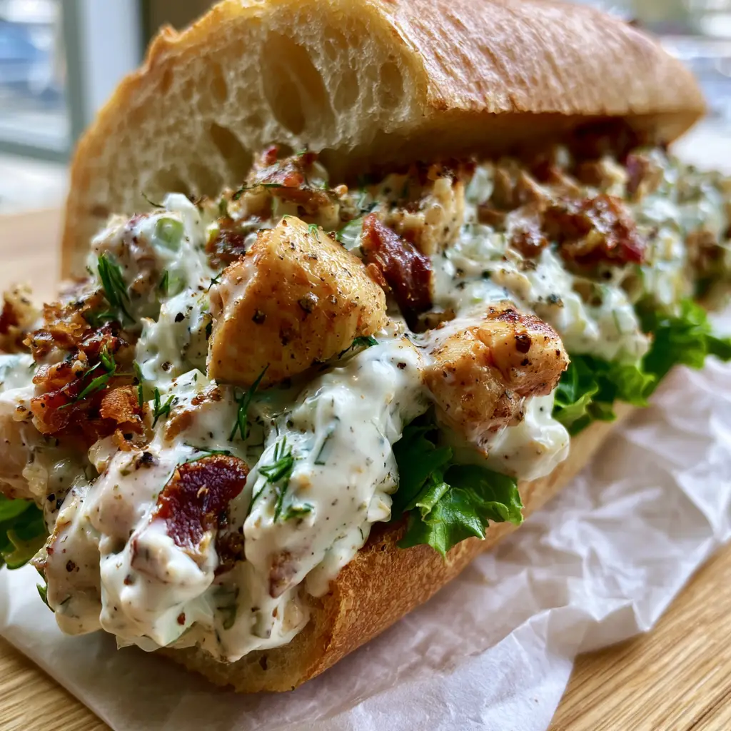 Close-up of golden seared chicken and mahogany bacon shards in a creamy ranch dressing. (Chopped Chicken Bacon Ranch Sandwich)