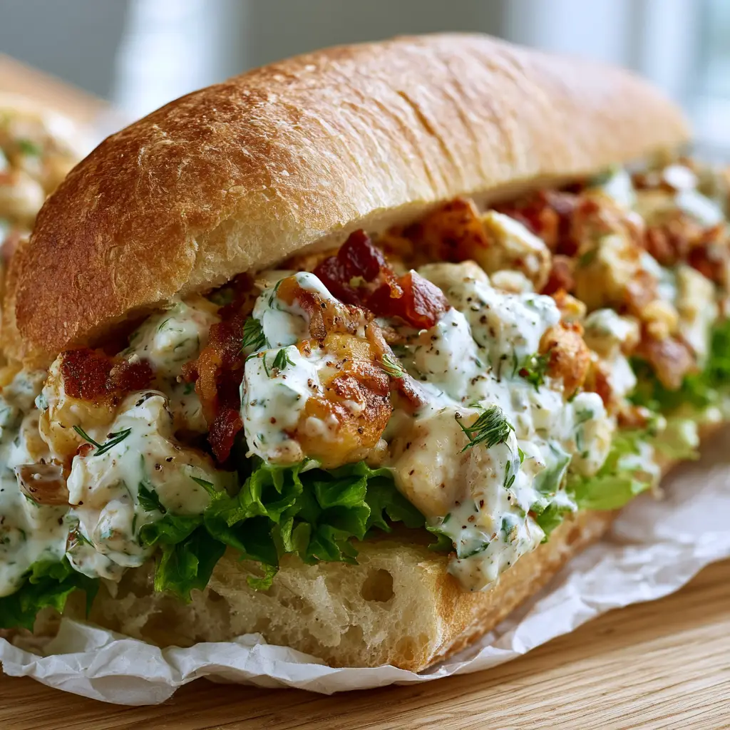 Chopped Chicken Bacon Ranch Sandwich: The Viral Shatter-Crunch Sub 1 Extreme macro showing the velvety white ranch dressing flecked with cracked black pepper and fresh dill. (Chopped Chicken Bacon Ranch Sandwich)
