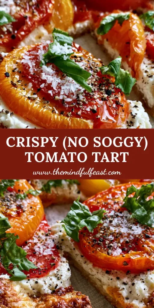 Tomato Tart with Flaky Puff Pastry and Heirloom Tomatoes 4 A close-up shot of a gourmet tomato tart with blistered red and yellow heirloom tomatoes, fresh basil, and a flaky golden crust.