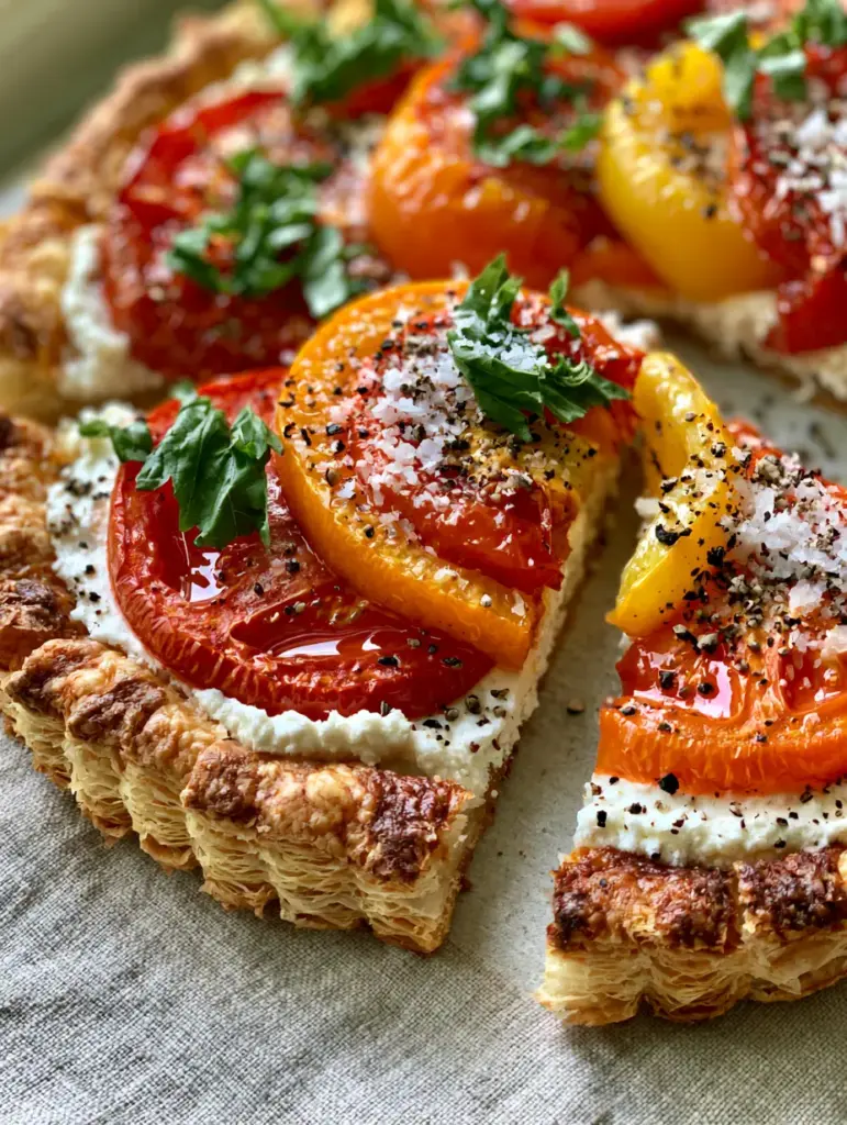 Angled close-up of a tomato tart showing shattered airy layers of puff pastry and glistening sliced tomatoes.