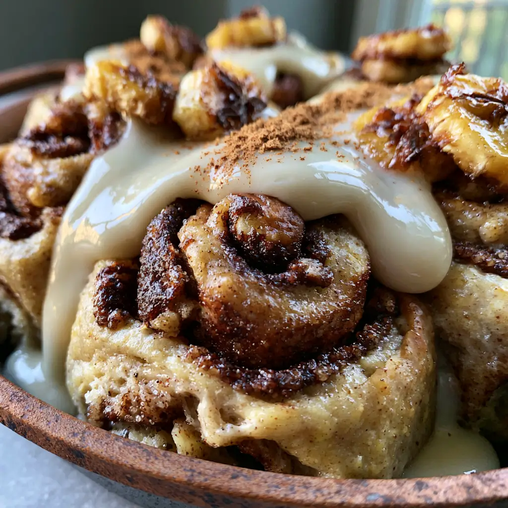 Banana Bread Cinnamon Rolls: The Ultimate Fluffy Yeast-Free Skillet Recipe 1 Warm cream cheese glaze melting over freshly baked banana bread cinnamon rolls in a skillet.