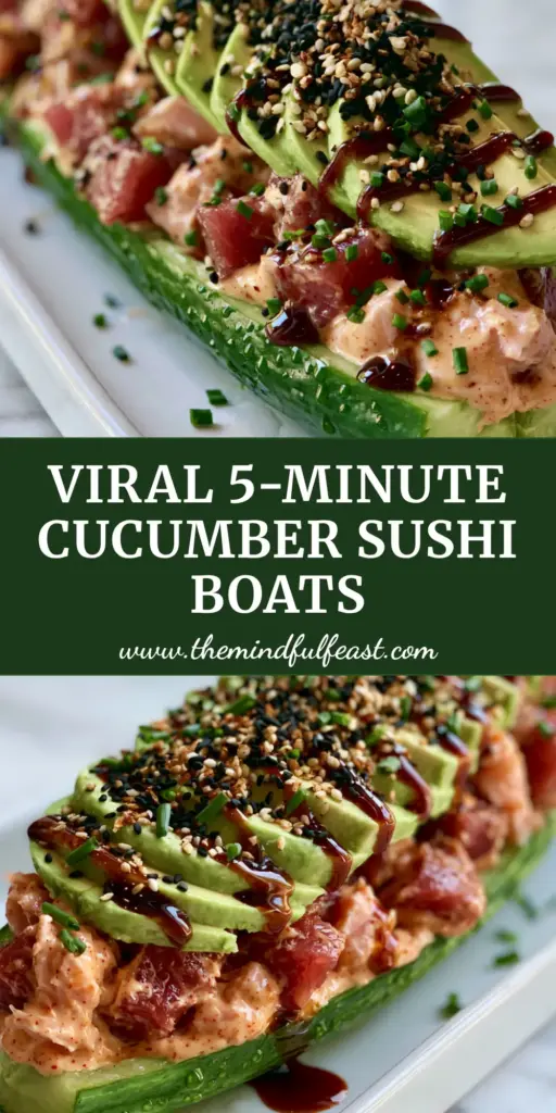 Cucumber Sushi boats: An Elegant Low-Carb Artisanal Appetizer 3 A top-down view of artisanal Cucumber Sushi boats on a white ceramic tray, featuring ruby-red tuna and salmon with a mahogany glaze.