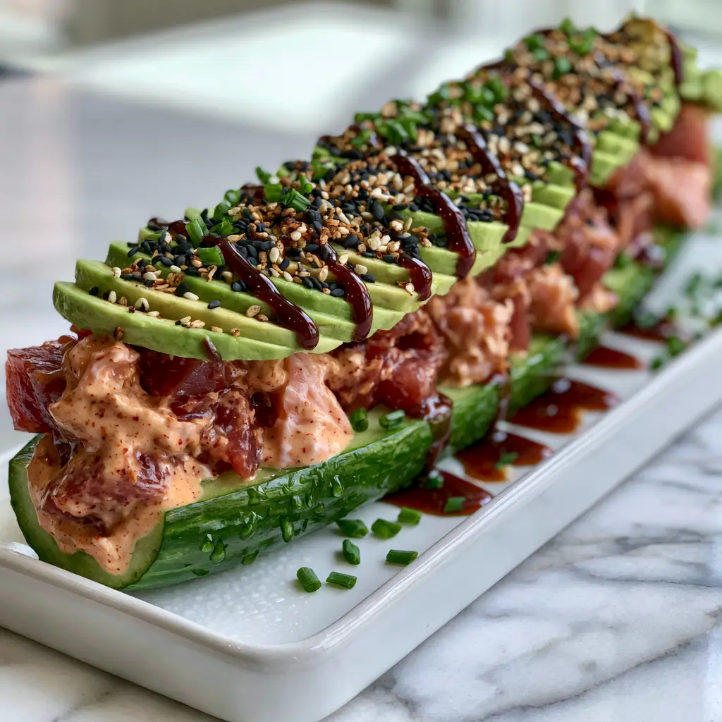 Smartphone photo of Cucumber Sushi boats with glossy eel sauce and sriracha mayo on a marble countertop.