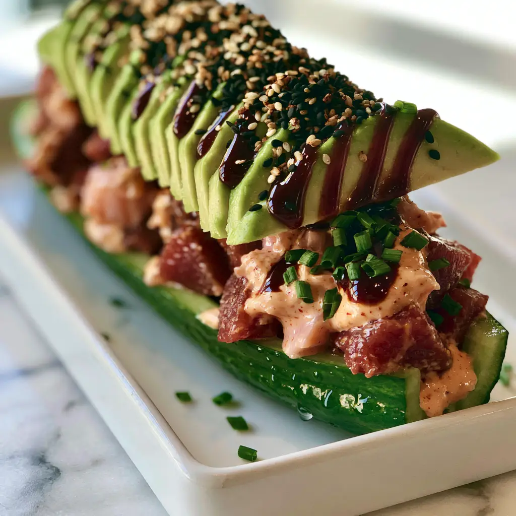 Cucumber Sushi boats: An Elegant Low-Carb Artisanal Appetizer 1 Close up of buttery avocado slices and mahogany unagi drizzle on Cucumber Sushi boats.