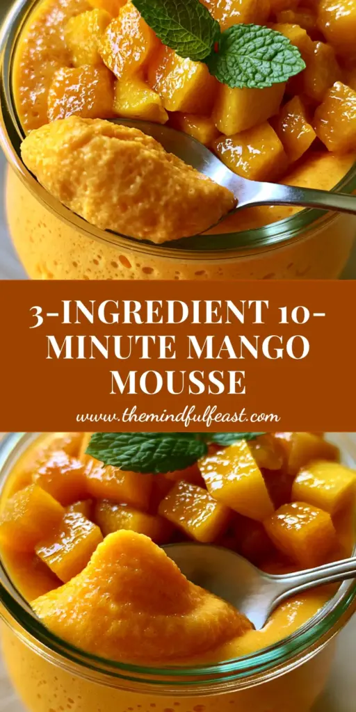 A tall Pinterest-style image showing a clear jar of vibrant mango mousse topped with diced fruit and mint. (Mango dessert recipe)