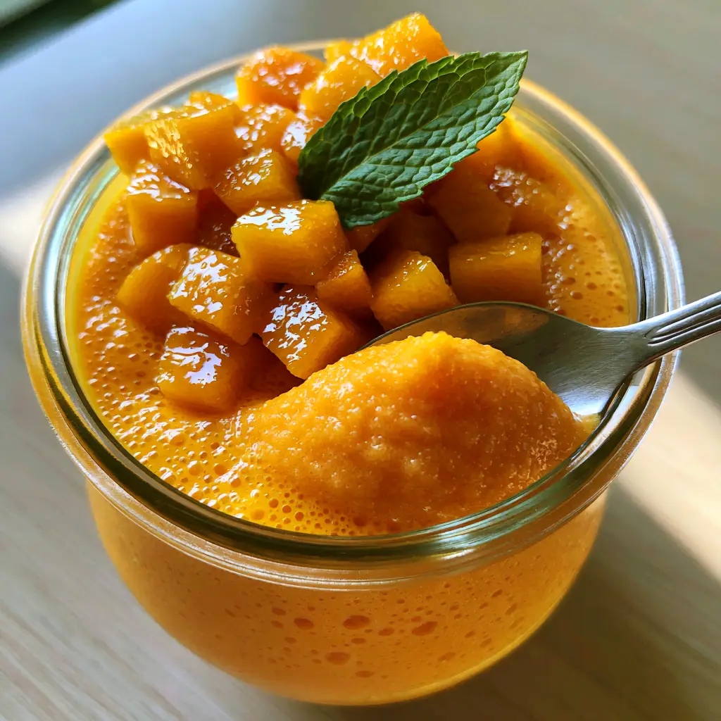 Extreme macro close-up of a clear glass jar with sunset-orange mango mousse and visible air bubbles. (Mango dessert recipe)