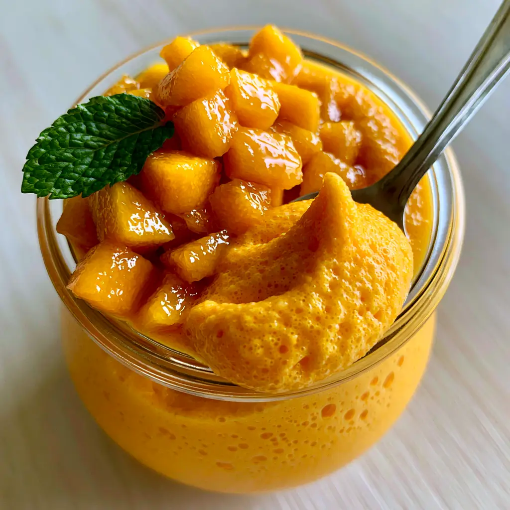 A silver spoon taking a soft scoop of velvety mango mousse from a jar.
