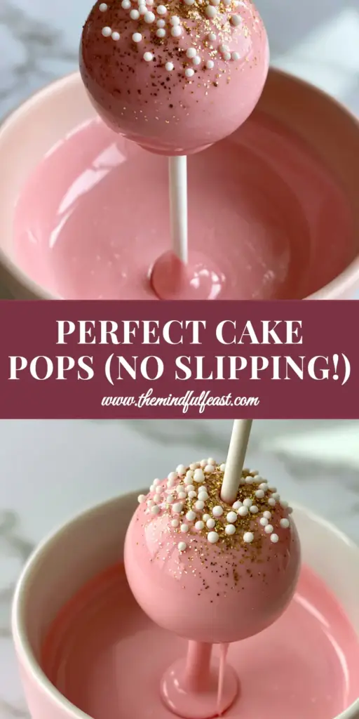 A single round cake pop with glossy pink coating, white sugar pearls, and gold glitter on a white background. (How to Make Cake Pops)