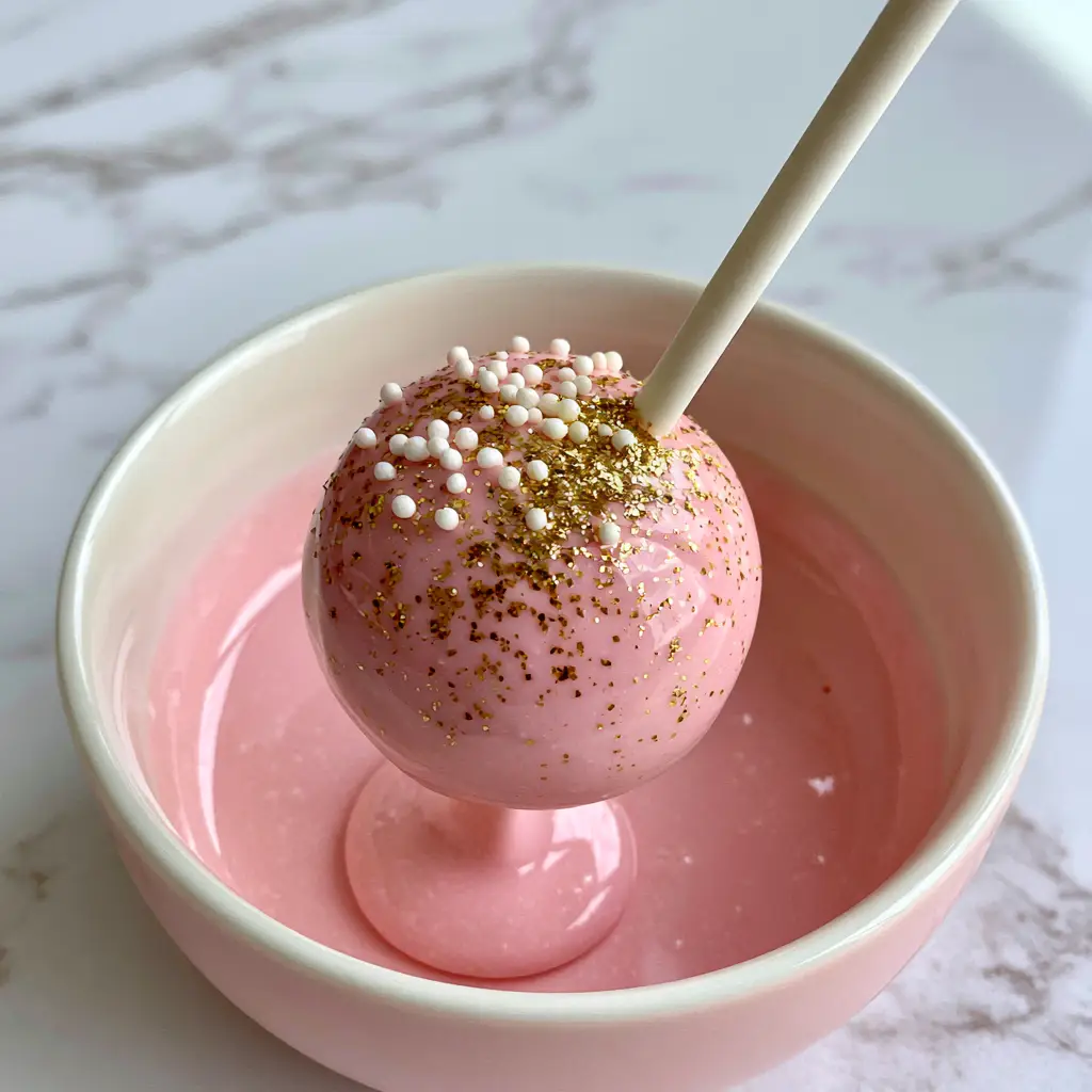 A handheld smartphone photo showing a cake pop being dipped into a bowl of smooth, glossy pastel pink candy coating. (How to Make Cake Pops)