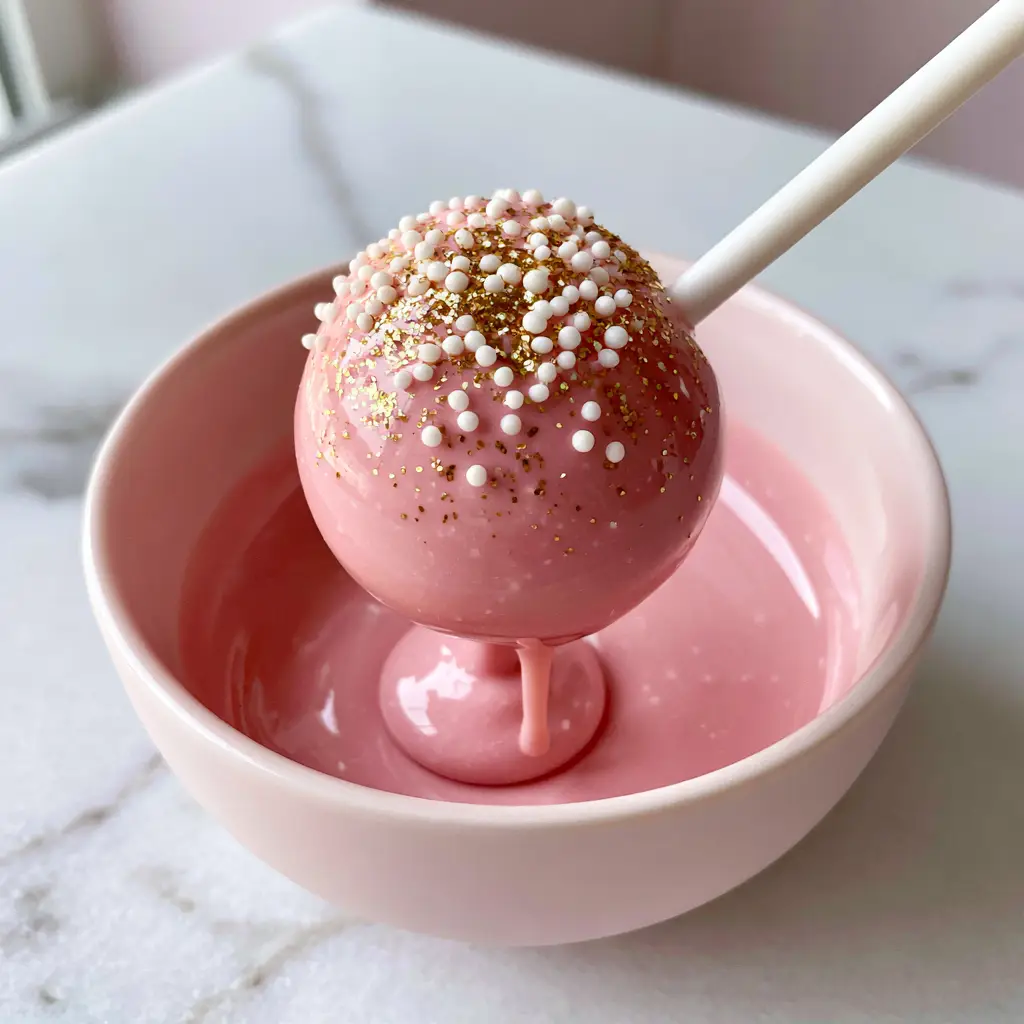 Close up of a pink cake pop decorated with tiny white sugar pearls and gold glitter dust.