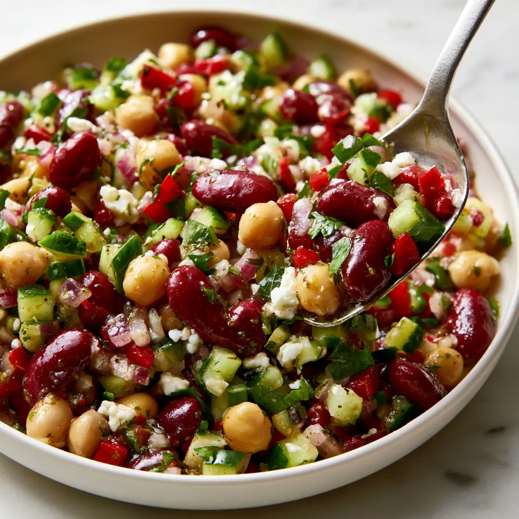 Close-up of Mediterranean bean salad showing diced cucumbers, red peppers, and shimmering dressing.