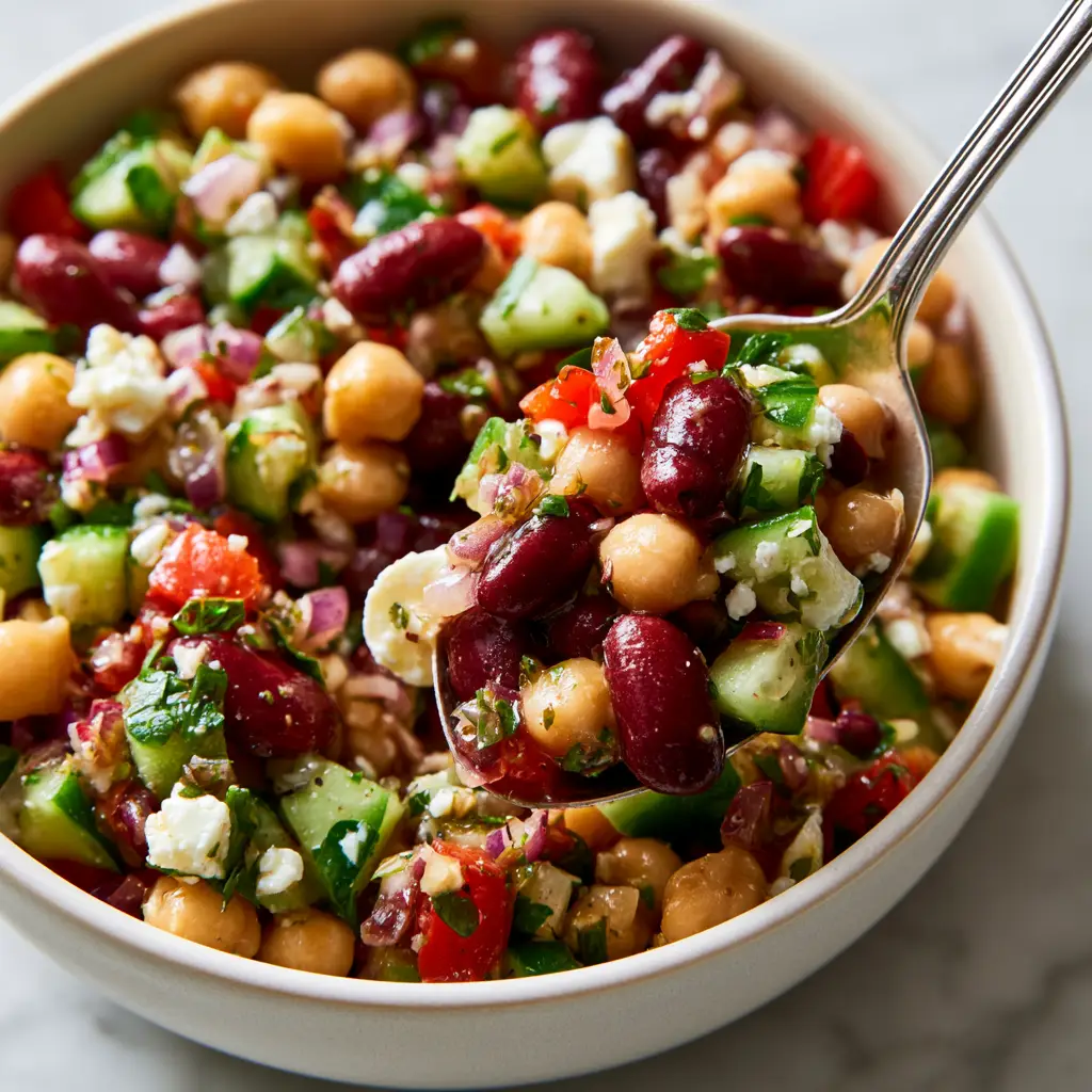 Mediterranean bean salad with crumbled feta cheese and emerald green parsley in a minimalist bowl.