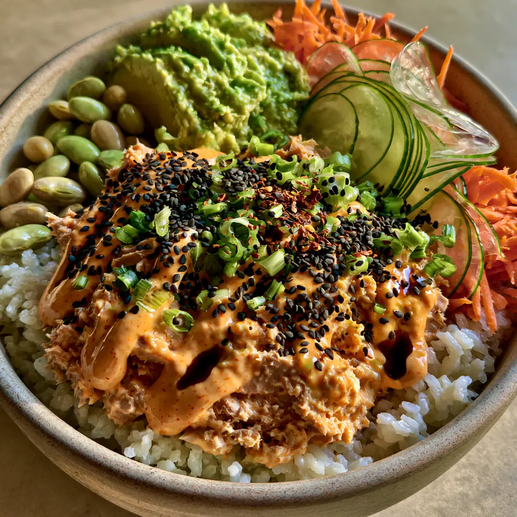 Macro close-up of flaked tuna with spicy mayo drizzle and black sesame seeds. (Canned Tuna Bowl)