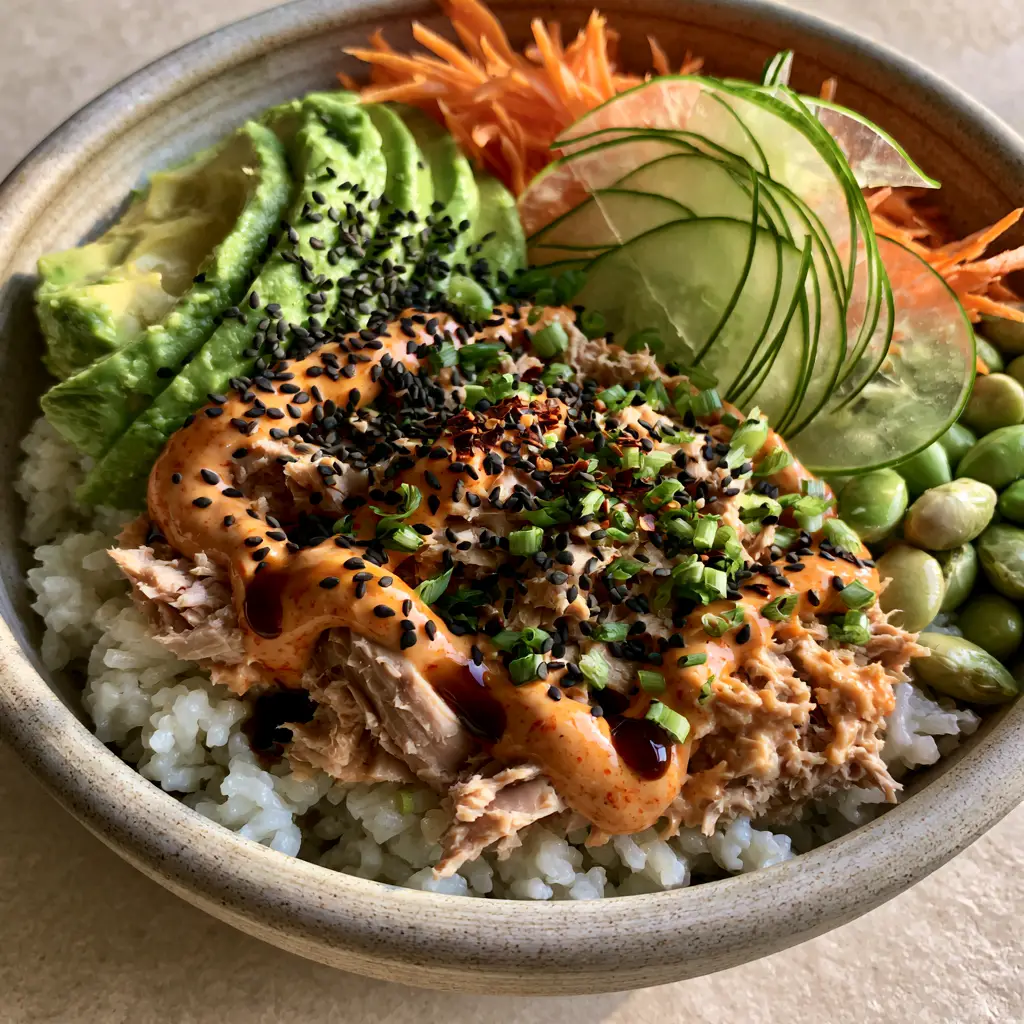 Canned Tuna Bowl: The Ultimate Gourmet 15-Minute Meal Prep Guide 1 Aesthetic arrangement of avocado, cucumber, and edamame in a Canned Tuna Bowl.
