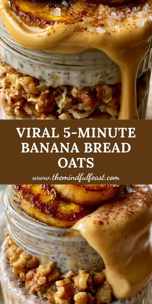 Banana Overnight Oats with Seared Caramelized Bananas and Vanilla Protein 4 A vertical shot of banana overnight oats in a jar with caramelized banana slices, almond butter, and toasted walnuts on a linen background.