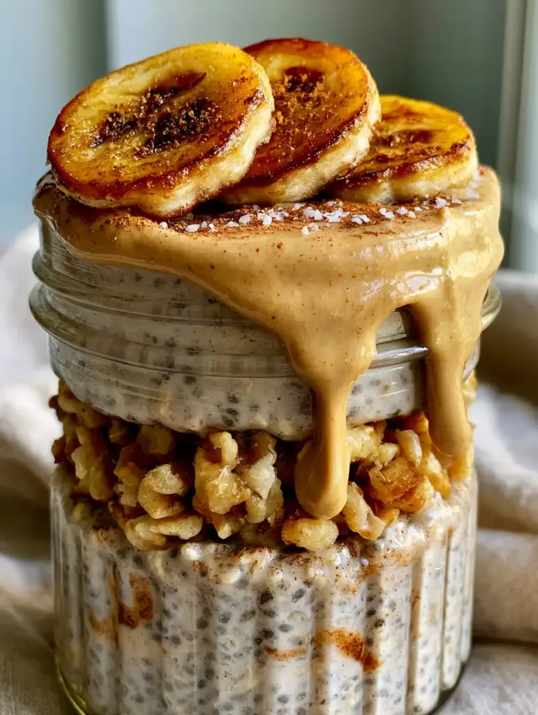 Ultra-close-up of thick rolled oats mixed with chia seeds and cinnamon swirls in a ribbed glass jar. (banana overnight oats)
