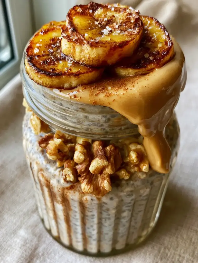 Banana Overnight Oats with Seared Caramelized Bananas and Vanilla Protein 1 Close-up of golden-brown seared caramelized banana coins and dripping almond butter on top of overnight oats.