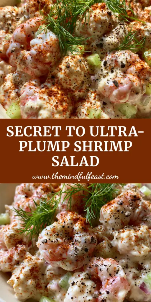 Shrimp Salad Recipe with Old Bay and Fresh Dill 4 A high-angle photo of a gourmet shrimp salad recipe in a cream bowl garnished with dill and Old Bay seasoning.