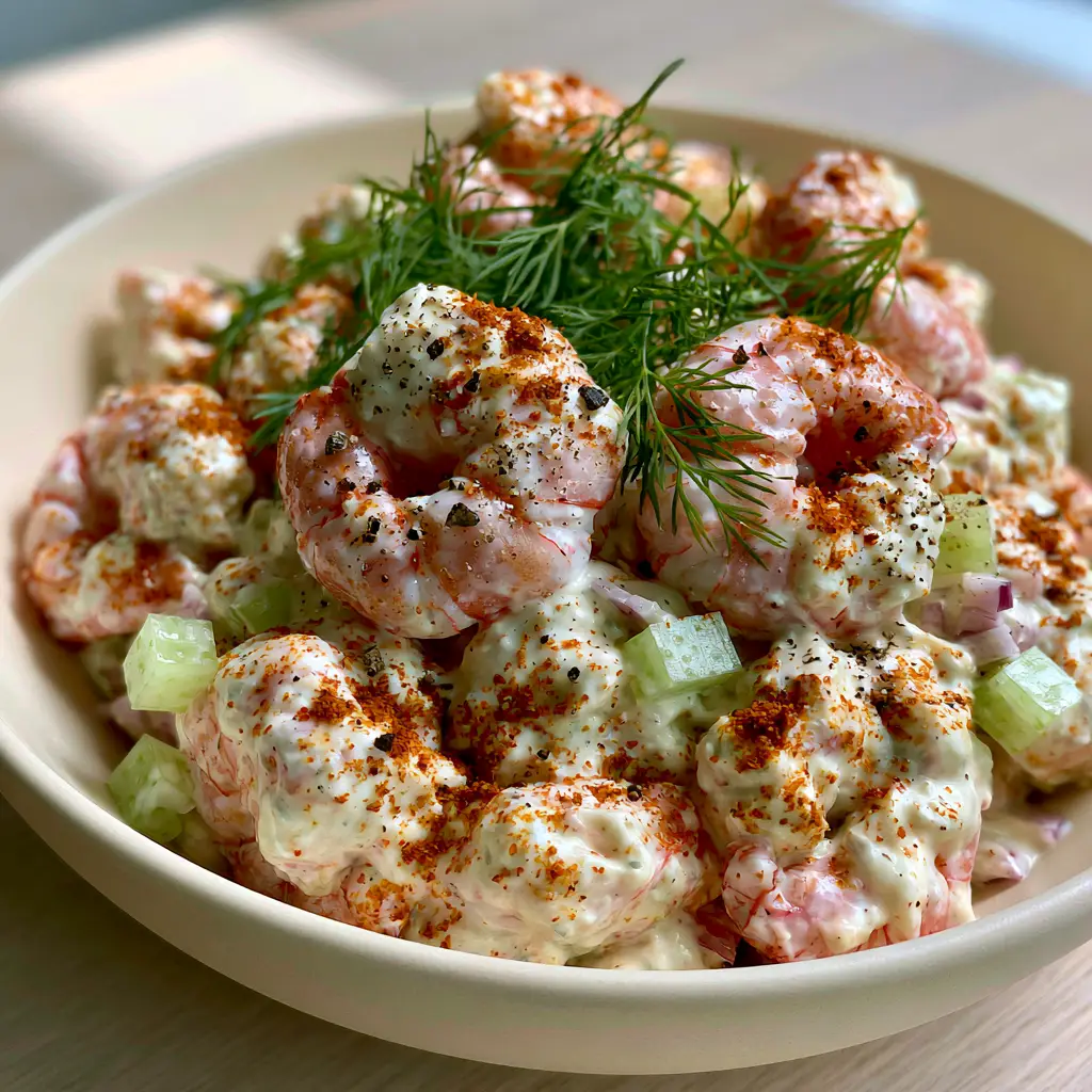 Close-up of jumbo shrimp salad recipe showing the thick ivory-white dressing and fresh dill. (shrimp salad recipe)