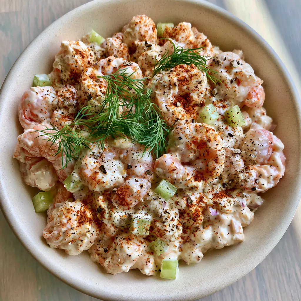 Shrimp Salad Recipe with Old Bay and Fresh Dill 1 Gourmet shrimp salad recipe served in a matte cream ceramic bowl on a light wood surface.