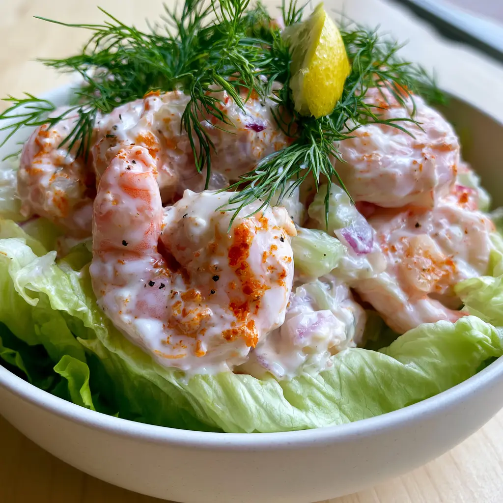 Extreme close-up of jumbo shrimp in a thick glossy dressing with orange Old Bay flecks. (shrimp salad recipes)
