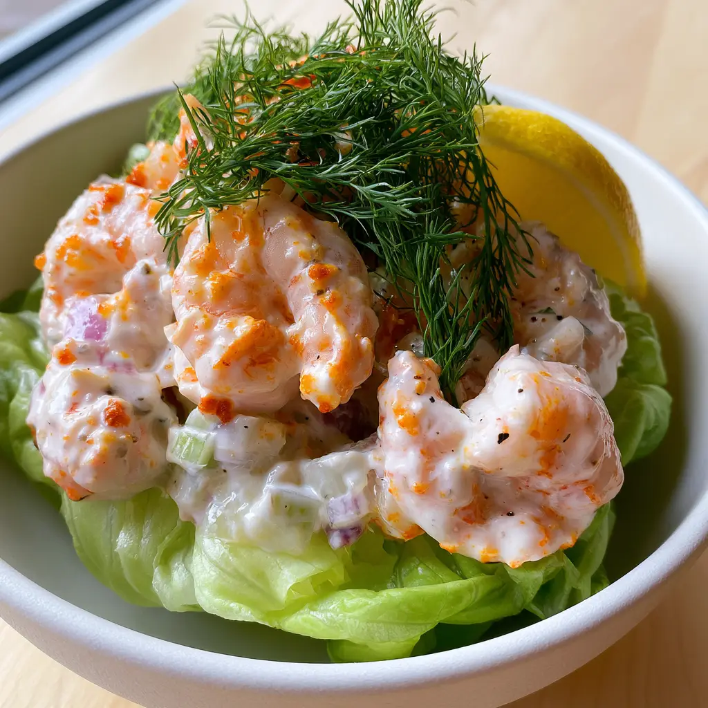 Shrimp Salad Recipes: The Ultimate Creamy Old Bay Jumbo Shrimp Salad 1 A matte white ceramic bowl containing shrimp salad garnished with fresh dill sprigs. (shrimp salad recipes)