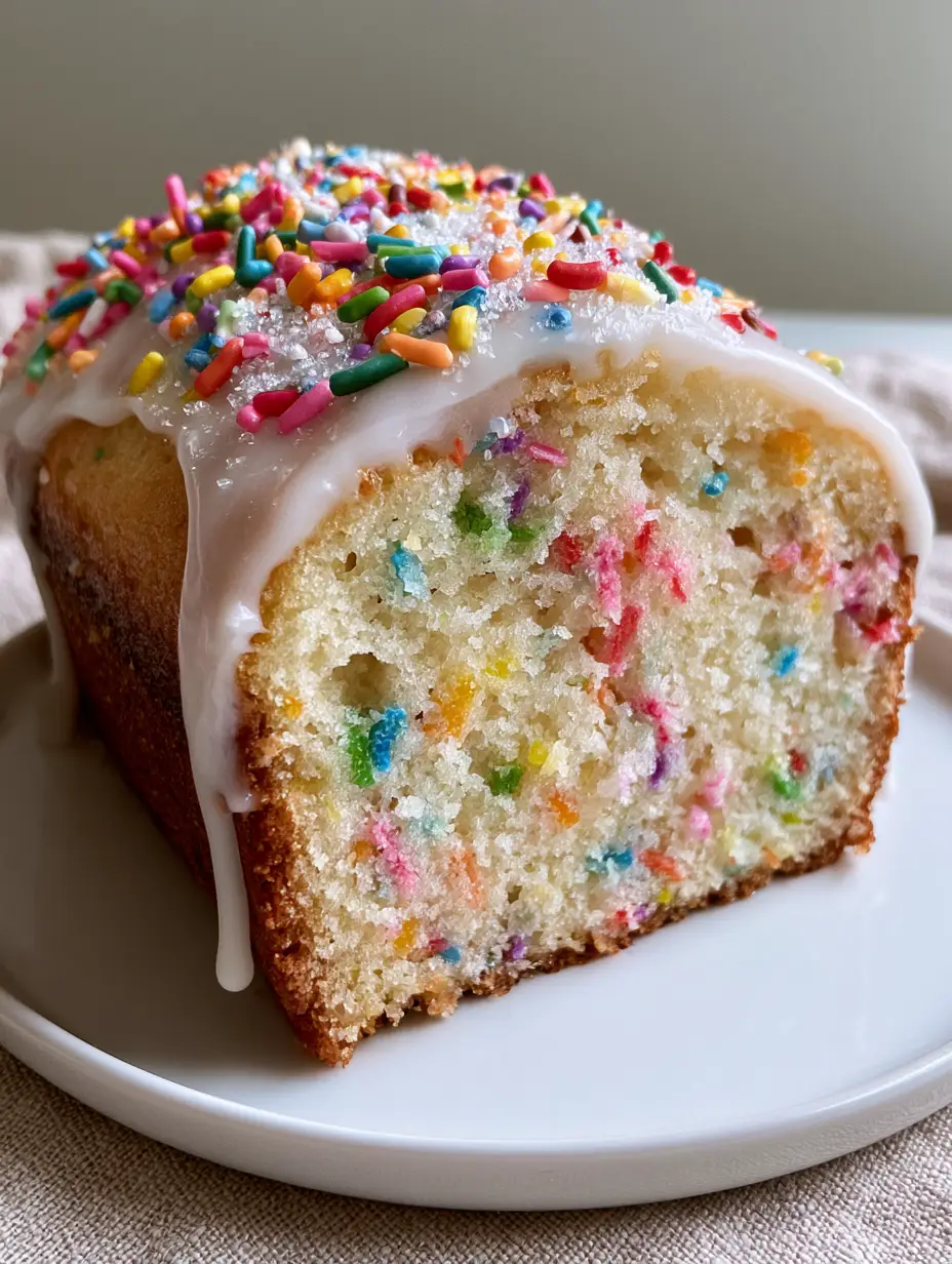 Funfetti Loaf Cake: The Ultimate Moist Vanilla Sprinkle Masterpiece 3 Handheld photo of a funfetti loaf cake slice showing the soft vanilla crumb and rainbow jimmies. (funfetti loaf cake)