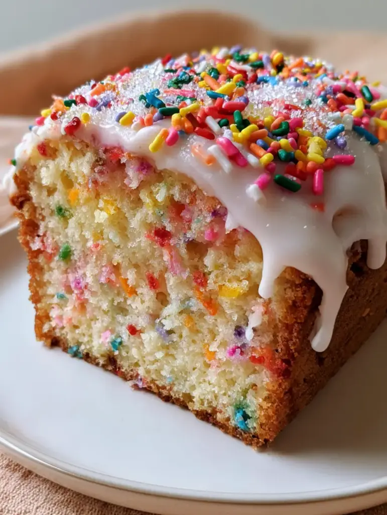 Funfetti Loaf Cake: The Ultimate Moist Vanilla Sprinkle Masterpiece 1 Top view of a glazed funfetti loaf cake with sparkling sugar crystals and colorful sprinkles.