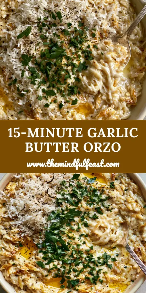 Garlic Butter Orzo: The Ultimate Creamy One-Pan Side Dish 4 A close-up overhead view of toasted Garlic Butter Orzo in a ceramic pan, featuring glistening grains, melted butter pools, and fresh parsley garnish.