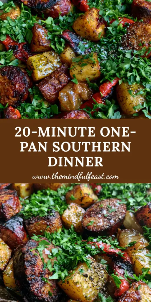 Smoked Sausage and Potatoes Skillet: The Ultimate One-Pan Comfort Meal 4 A top-down angled shot of a Smoked sausage and potatoes skillet in a cast iron pan with charred kielbasa and golden Yukon Gold potatoes.
