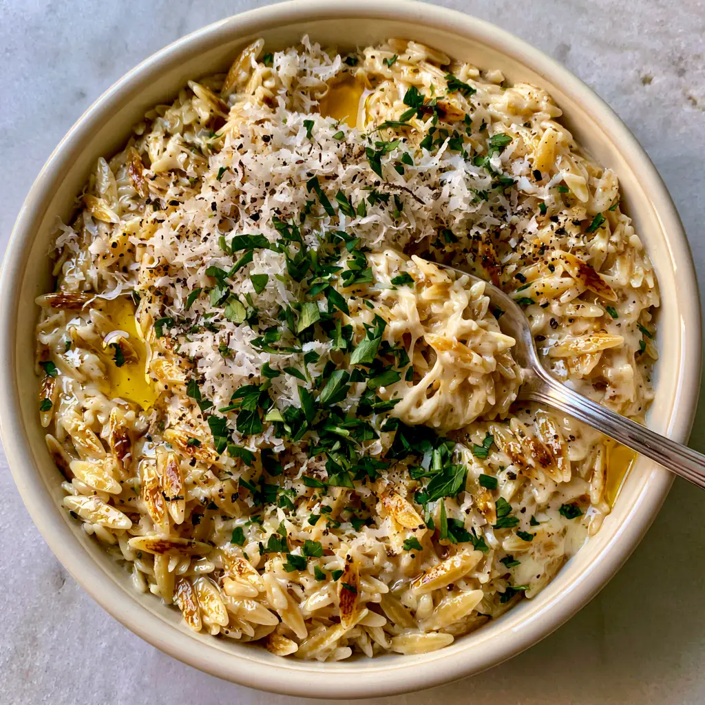 Handheld smartphone photo of Garlic Butter Orzo in a shallow cream ceramic pan showing distinct golden-brown toasted grains and a velvety sauce.