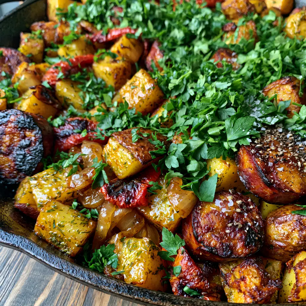 Close-up of seared kielbasa rounds and golden-brown potato cubes in a Smoked sausage and potatoes skillet.