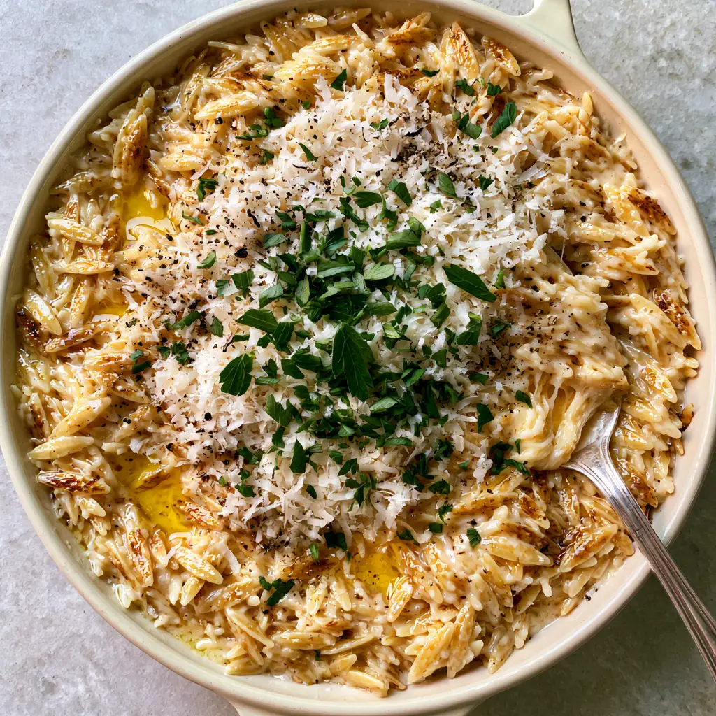 Garlic Butter Orzo: The Ultimate Creamy One-Pan Side Dish 1 A silver spoon lifting a portion of creamy Garlic Butter Orzo to reveal the thick parmesan cheese-pull and glistening texture.