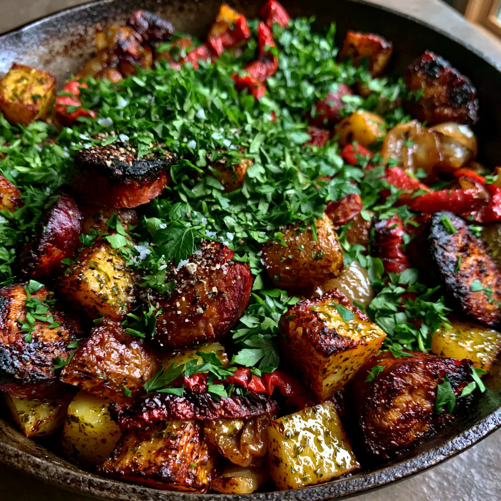 Smoked Sausage and Potatoes Skillet: The Ultimate One-Pan Comfort Meal 1 A seasoned black cast iron skillet filled with Smoked sausage and potatoes, garnished with fresh parsley and red pepper flakes.