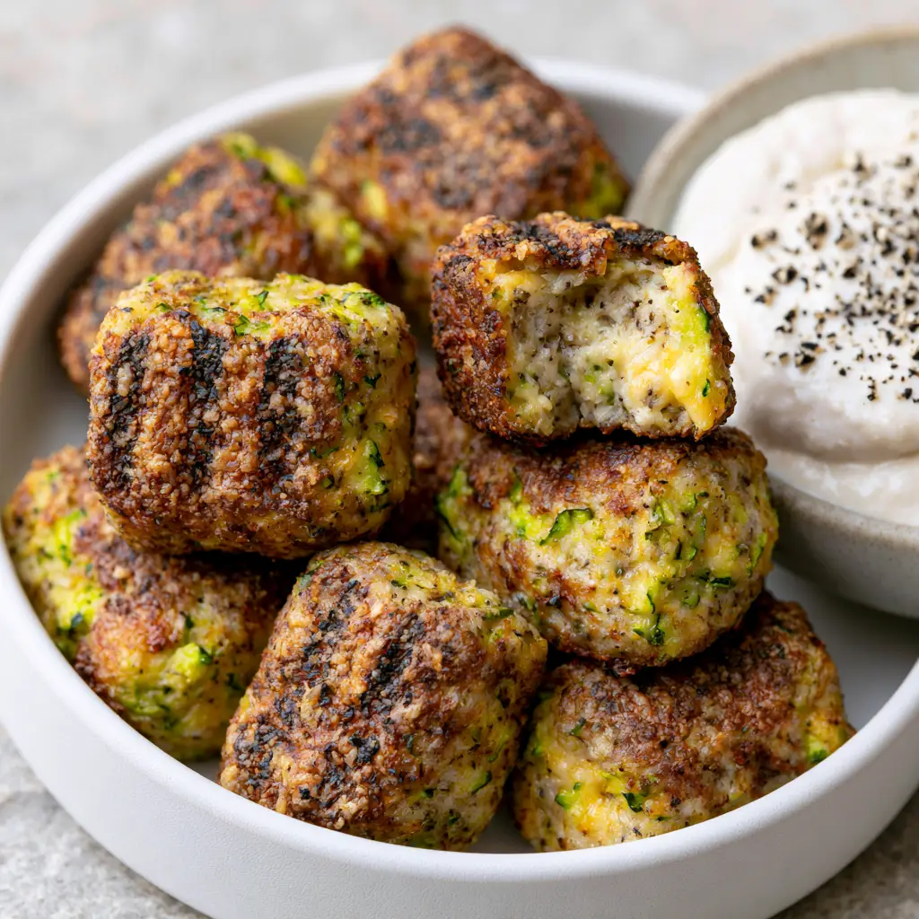 Extreme macro shot showing the jagged, deep golden-brown texture and green flecks of zucchini tots.