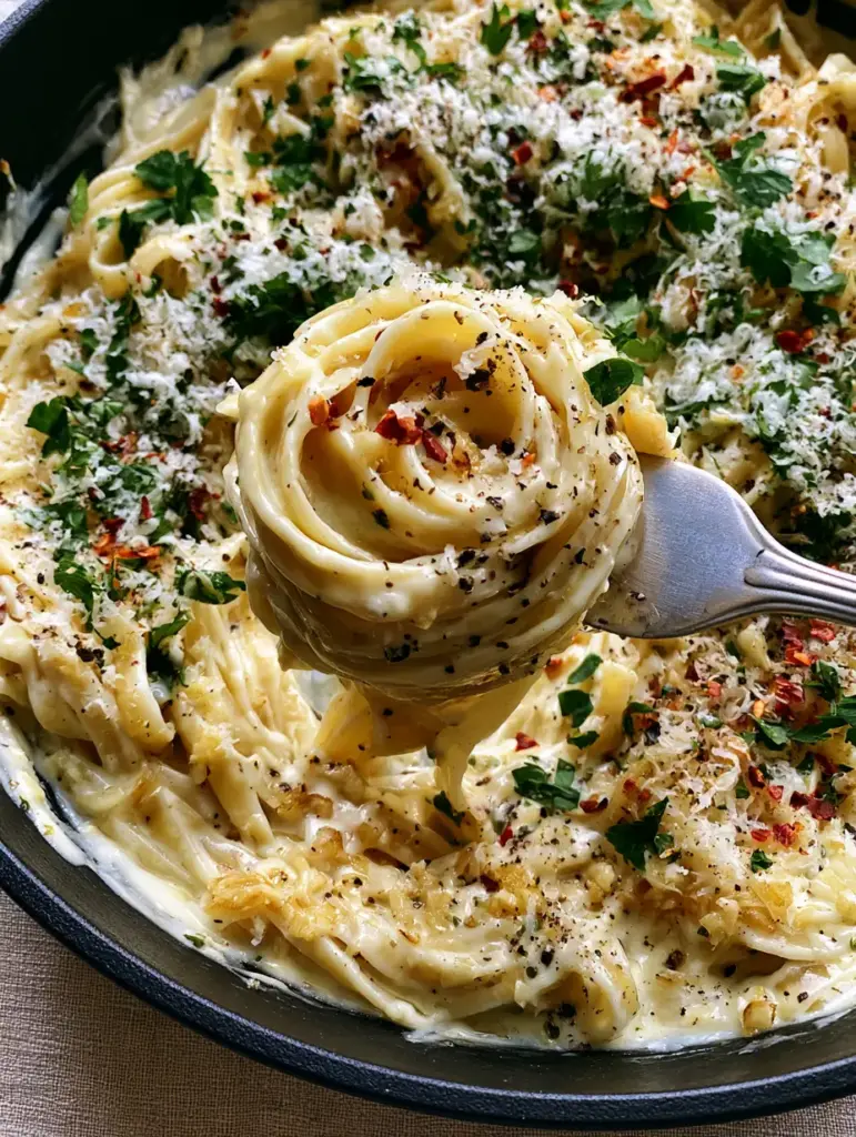 Macro view of velvety cream sauce coating fettuccine strands with visible toasted garlic bits. (Easy pasta recipes)