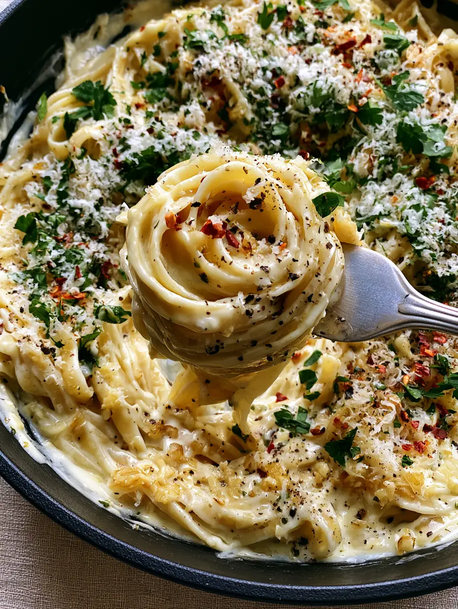 Easy pasta recipes: The Ultimate 20-Minute Creamy Toasted Garlic Fettuccine 3 Macro view of velvety cream sauce coating fettuccine strands with visible toasted garlic bits. (Easy pasta recipes)