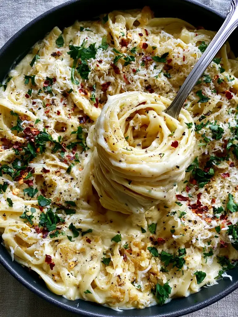 Easy pasta recipes: The Ultimate 20-Minute Creamy Toasted Garlic Fettuccine 1 Swirling a nest of garlic cream fettuccine with a silver fork over a matte-black skillet.