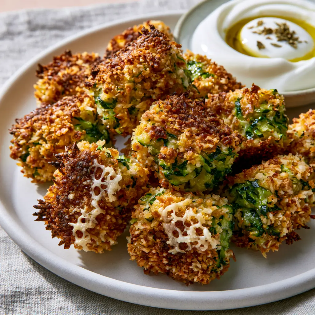 Close-up of crispy zucchini tots showing the jagged, toasted parmesan edges and glistening green interior shreds.