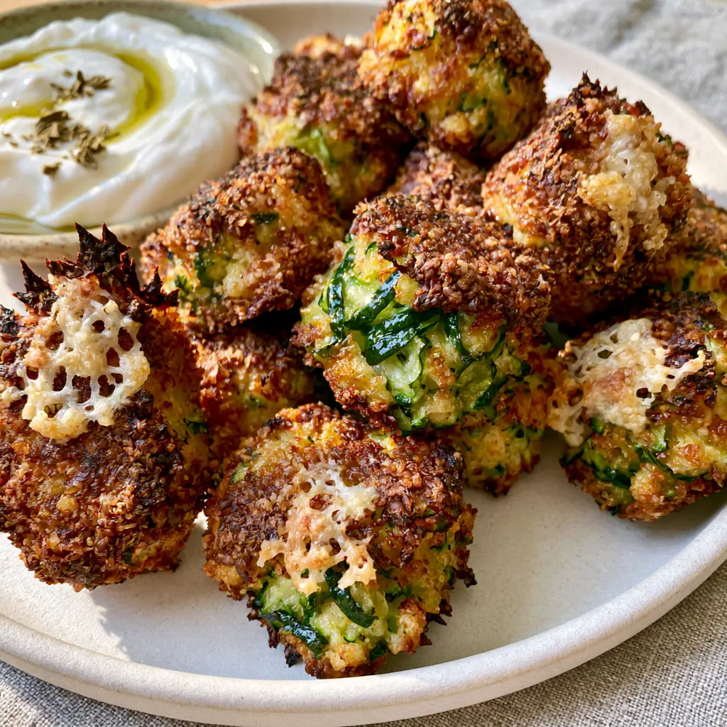 A pile of Cheesy Baked Zucchini Tots styled on a grey linen napkin with a creamy white dip swirled with olive oil.
