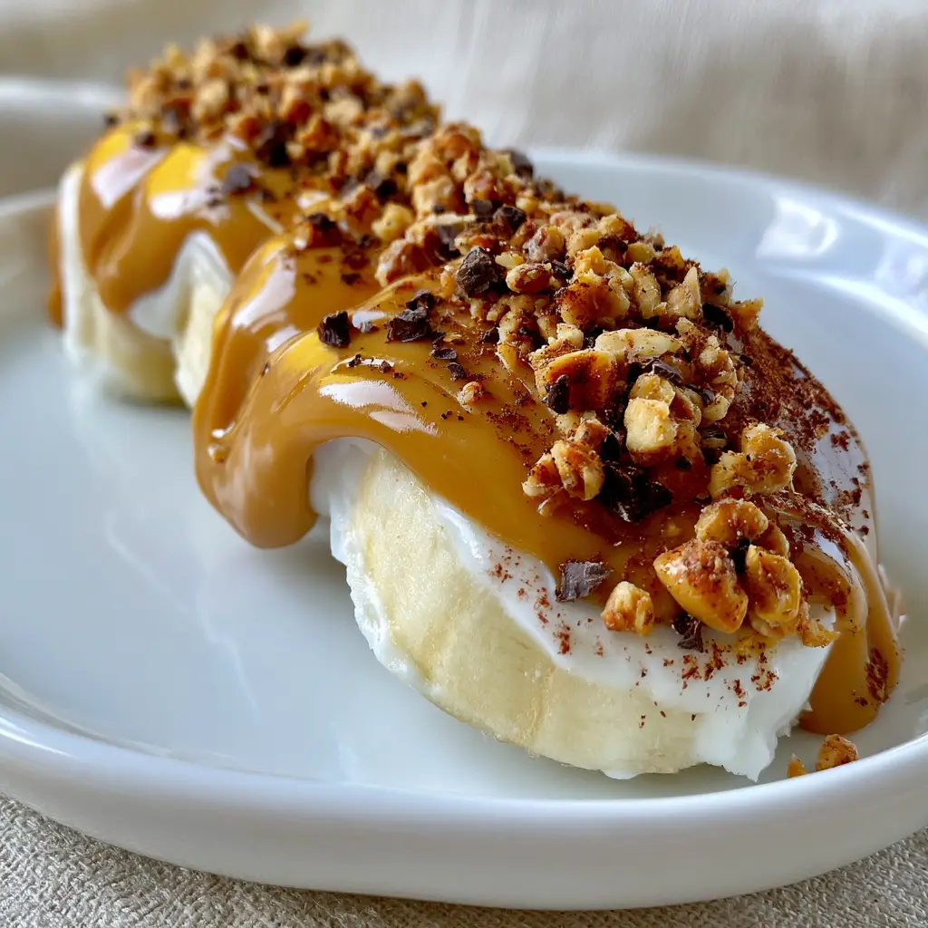 Macro shot of Banana Sushi showing the crisp yogurt coating, peanut butter drizzle, and dark chocolate flakes.