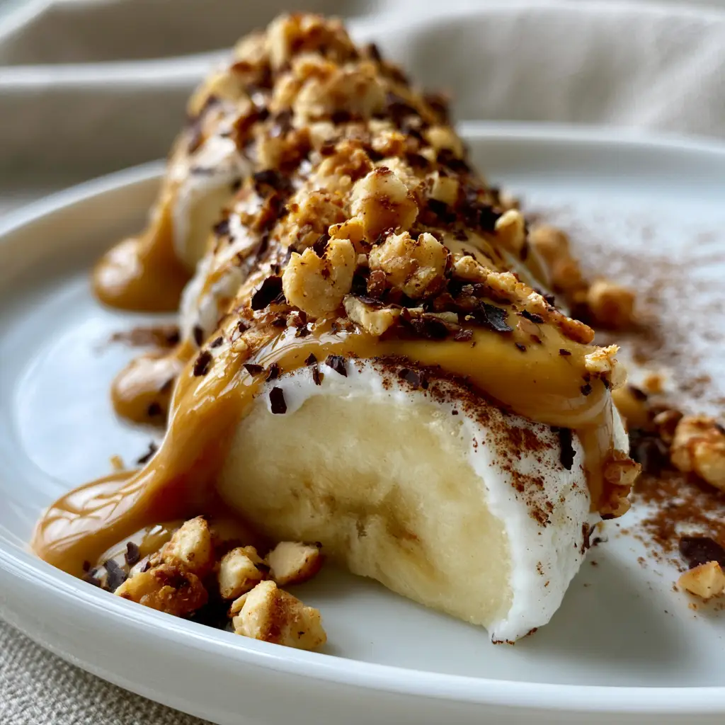 Banana Sushi with a Hardened Greek Yogurt Shell and Peanut Butter Drizzle 1 Slices of Banana Sushi arranged on a plate with honey-roasted peanuts and cinnamon dust.