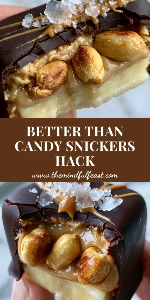 Banana Snickers: The Ultimate Frozen Chocolate Peanut Butter Bites 5 A close-up of a frozen Banana snickers bite with a clean bite taken out, showing layers of pale banana, creamy peanut butter, and toasted peanuts inside a dark chocolate shell.