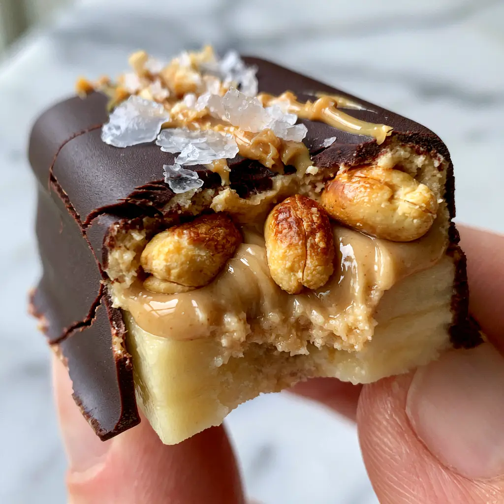 Macro photography of a Banana snickers bite held between fingers, revealing the thick dark chocolate shell and creamy peanut butter interior.