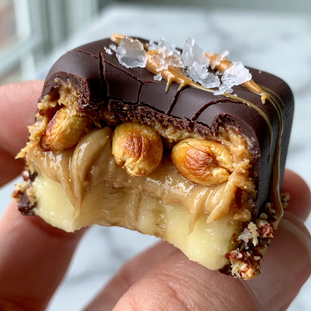 Banana Snickers: The Ultimate Frozen Chocolate Peanut Butter Bites 1 Frozen Banana snickers bites arranged on a white marble countertop with soft natural lighting.