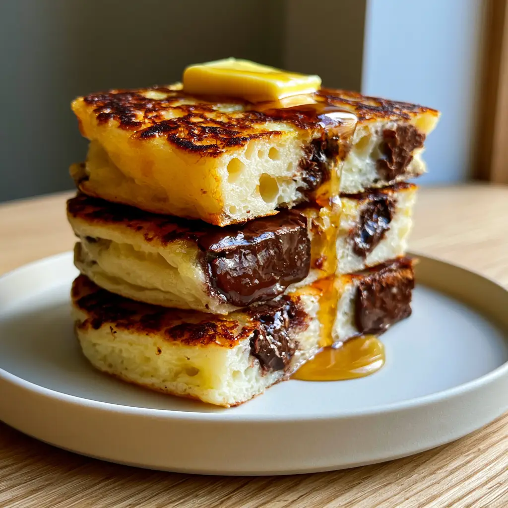 Chocolate Chip Pancakes: The Secret to Ultra-Thick 2-Inch Buttermilk Stacks 1 Side view of a 2-inch tall buttermilk pancake stack with glistening maple syrup mid-drip.